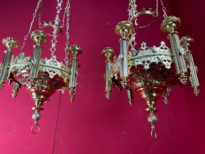 Matching Sanctuary Lamps style Romanesque - Style en Brass / Bronze / Polished and Varnished, France 19 th century ( Anno 1885 )