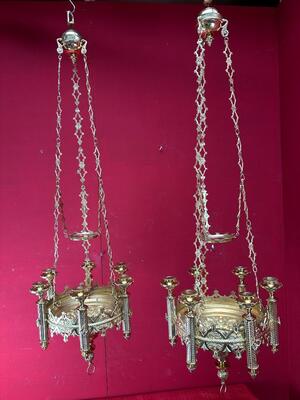 Matching Sanctuary Lamps style Romanesque - Style en Brass / Bronze / Polished and Varnished, France 19 th century ( Anno 1885 )