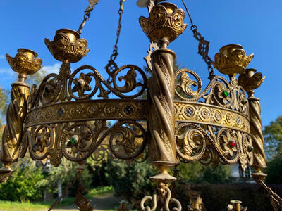Sanctuary Lamps style Romanesque - Style en Brass / Bronze / Gilt / Stones, France 19 th century ( Anno 1865 )