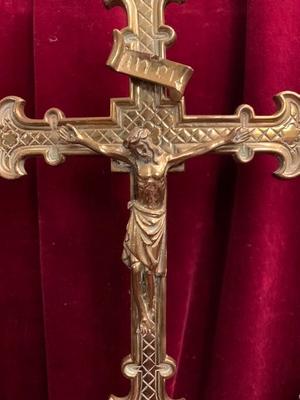 Candle Holders With Matching Cross. Height Cross 53 Cm. Candle Holders Height 36 Cm. en Brass / Bronze, Belgium 19th century