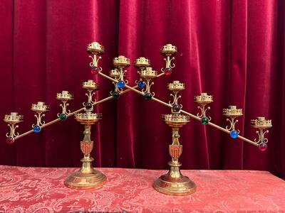 Candle Holders  style Gothic - Style en Brass / Bronze / Glass, Belgium  19 th century ( Anno 1890 )