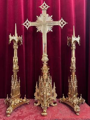 Candle Holders With Cross style Gothic - Style en Bronze / Polished and Varnished, France 19 th century ( Anno 1865 )