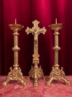 Matching Candle Sticks With Cross Altar Set style Romanesque en Bronze / Polished and Varnished, France 19th century ( anno 1875 )