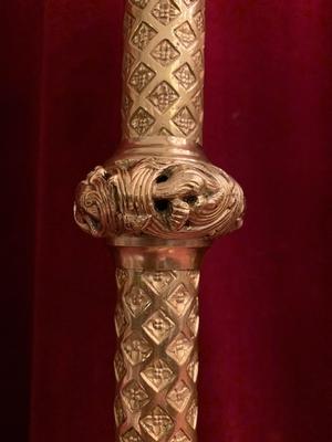 Matching Candle Sticks With Cross Altar Set style Romanesque en Bronze / Polished and Varnished, France 19th century ( anno 1875 )