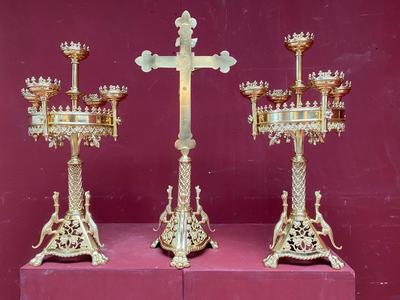 Stunning And Unique Set Of Matching Candle-Holders & Cross.. Measures Cross 67 H X 30 Cm W style Romanesque - Style en Bronze / Polished / New Varnished, France 19th century ( anno 1870 )