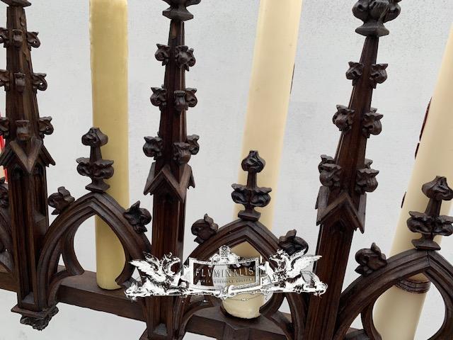 Antique English Gothic Revival Candlesticks Candle Holders Oak Pair 11.25  Tall
