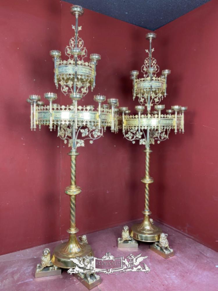Pair Gothic style brass candlesticks